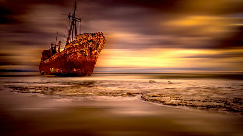 Wreckage, time, ship, background, ocean, HD wallpaper