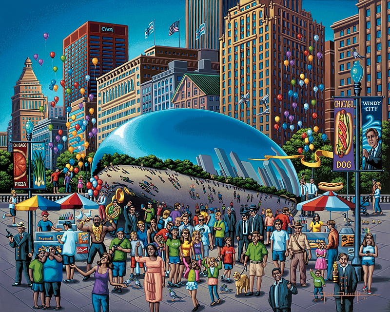 Chicago Bean, art, city, paople, painting, eric dowdle, pictura, blue, HD wallpaper