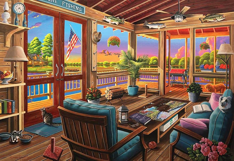Lakeside View, veranda, room, table, artwork, painting, armchairs, HD wallpaper