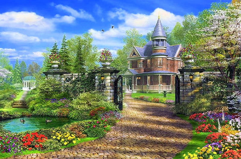 Splendor Victorian, architecture, victorian, houses, love four seasons, bonito, spring, attractions in dreams, trees, pond, pathway, flowers, gardens, HD wallpaper