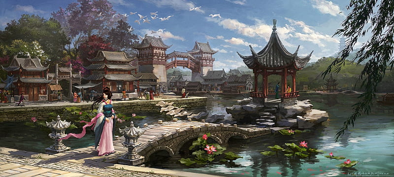 Oriental palace, art, fantasy, hitch mao, city, girl, asian, temple, pink, HD wallpaper
