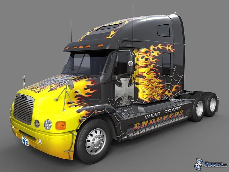 Awesome Rig, Yellow, Black, Truck, Flames, HD wallpaper