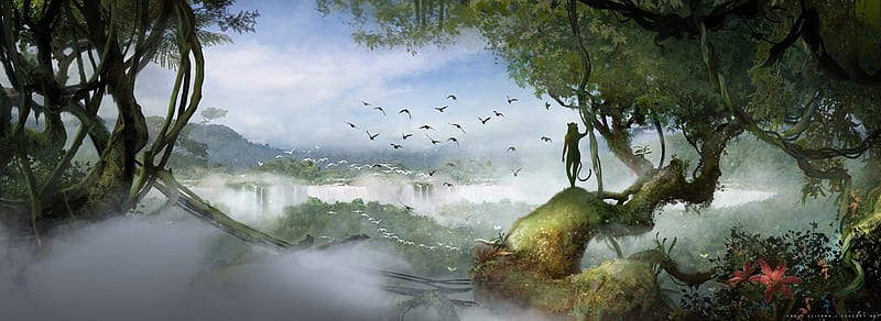 Iguazu Falls, cloud, fantasy, bird, luminos, jungle, pablo olivera, silhouette, HD wallpaper