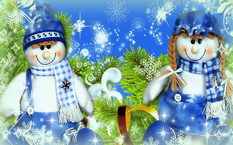 Christmas with Dolls, scarves, dolls, attractions in dreams, digital art, xmas and new year, hats, lovely, happiness, xmas trees, love four seasons, creative pre-made, blessings, abstract, cute, mixed media, snow, snowflakes, winter holidays, celebrations, HD wallpaper