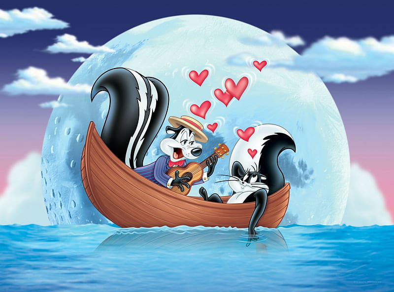 pepe le pew, boat, skunk, cat, corazones, HD wallpaper