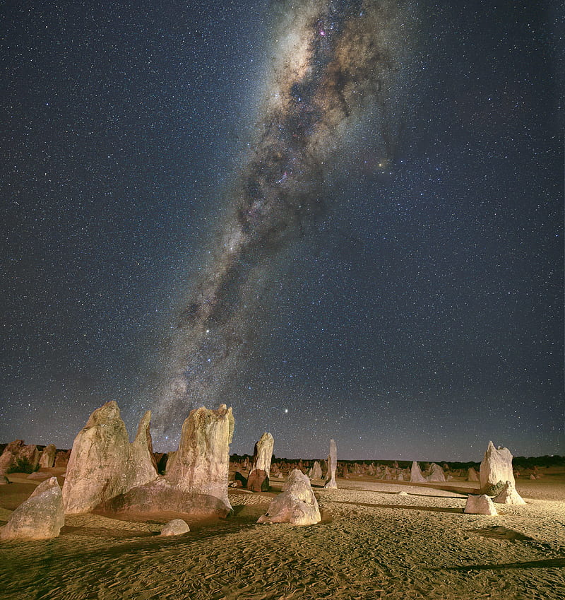 stones, desert, milky way, starry sky, HD phone wallpaper