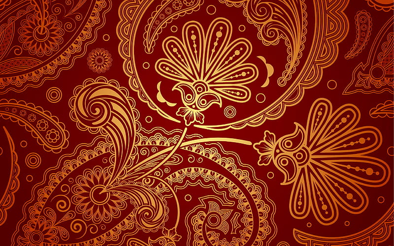 Paisley red texture Paisley gold ornaments, red Paisley background, red paisley pattern, Paisley texture, HD wallpaper