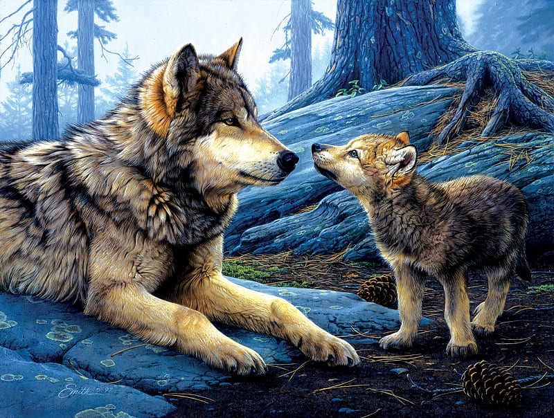 Brother Wolf, painting, pup, wolves, artwork, HD wallpaper
