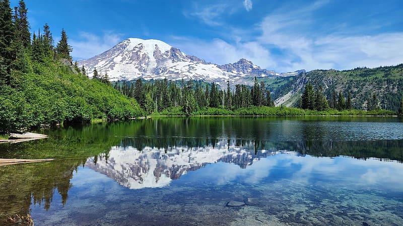 Bench Lake, Mt Rainier National Park, Washington, water, mountain, reflections, trees, landscape, usa, HD wallpaper