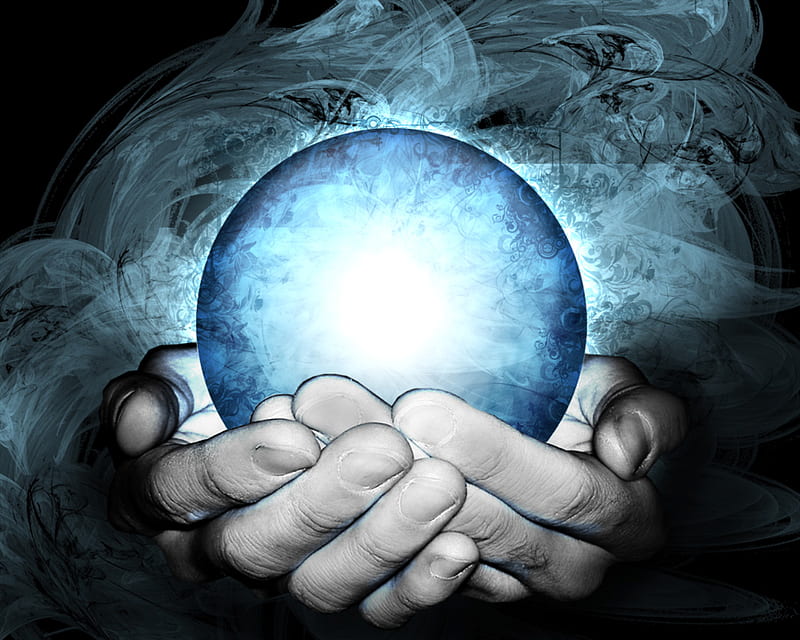 Crystal ball, hands, ball, glow, crystal, blue, light, HD wallpaper