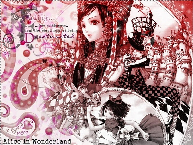 Alice In Wonderland, colorful, fantasy, queen of hearts, anime, white rabbit, castle, mad hatter, HD wallpaper