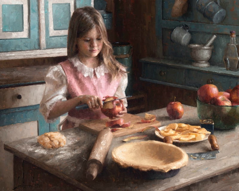 Apple Pie, pastry, Rolling Pin, Apples, Baking, Young girl, HD wallpaper