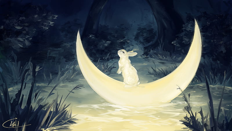 :), fantasy, moon, rabbit, moon, luminos, bunny, maria ovcharenko, art, white, blue, HD wallpaper