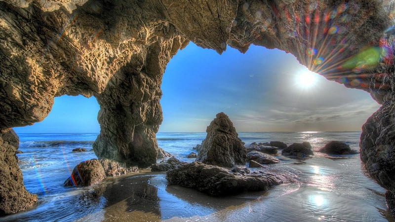 amazing rocky beach grotto r, beach, rocks, rays, r, grotto, shunshine, sea, HD wallpaper