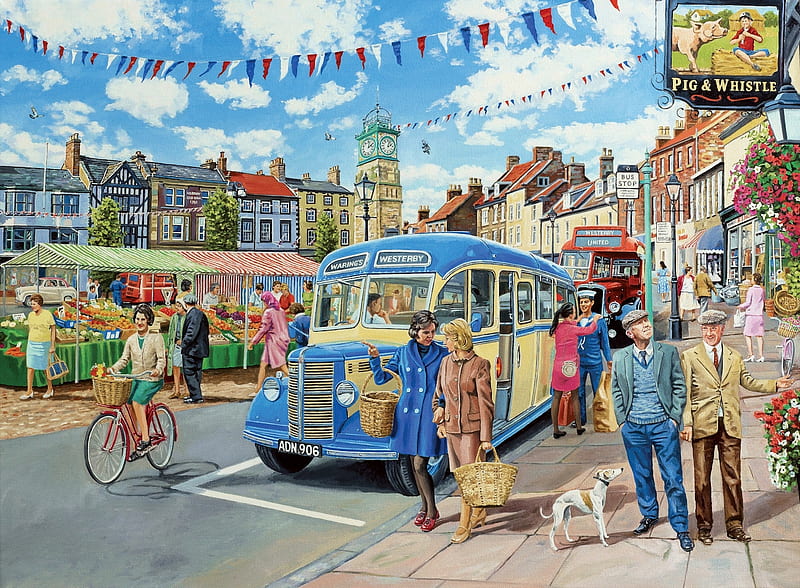 Final Stop, pub, tower, painting, clock, vintage, market, bycycle, bus, HD wallpaper