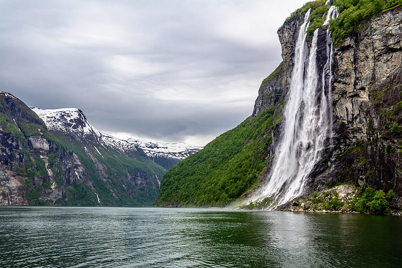 Waterfalls, Waterfall, Fjord, Mountain, Nature, Norway, HD wallpaper