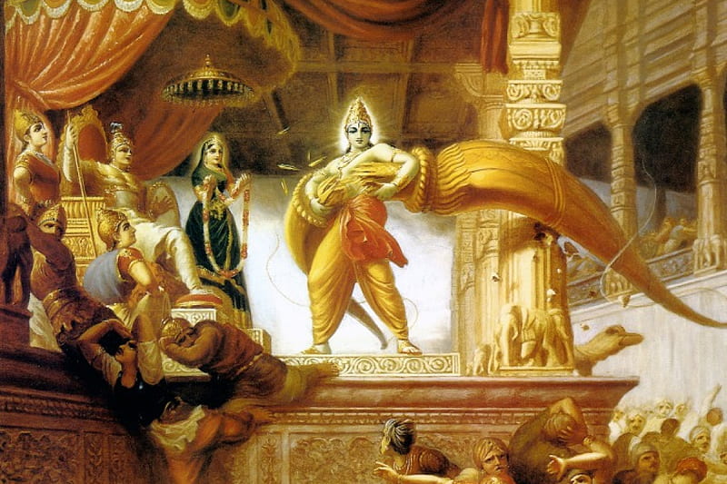 Lord Krishna, surround, blue, people, powerfull, HD wallpaper