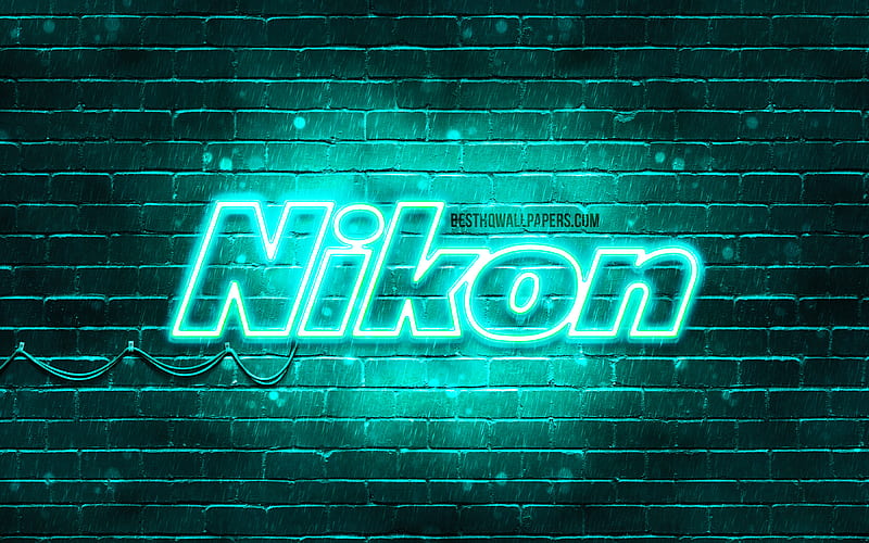 Nikon turquoise logo turquoise brickwall, Nikon logo, brands, Nikon neon logo, Nikon, HD wallpaper