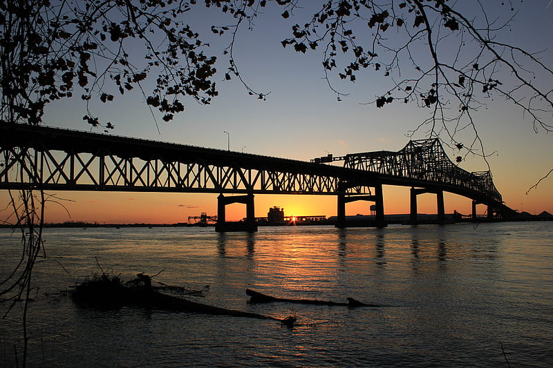 Mississippi Bridge, Baton Rouge, water, usa, river, reflection, Sunset, HD wallpaper