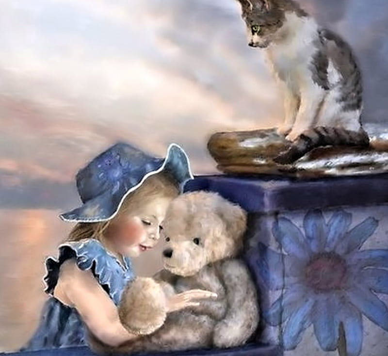 Friends, Girl, Teddy, Cat, HD wallpaper