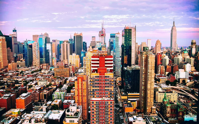 New York, USA, urban panorama, skyscrapers, evening, cityscape, HD wallpaper