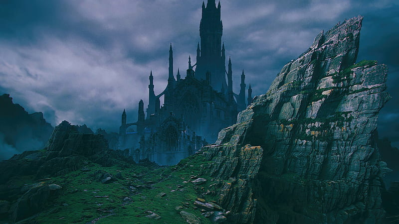 fantasy landscape, castle, rocks, Fantasy, HD wallpaper