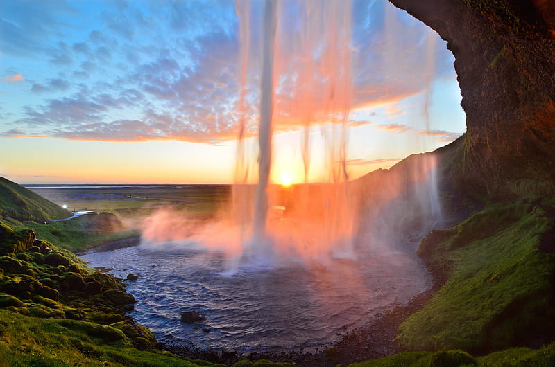 Sunset, Waterfalls, Waterfall, Sunrise, Earth, Iceland, Seljalandsfoss, HD wallpaper