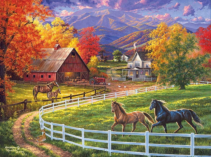 Horse Valley Farm, autumn, fall season, farms, love four seasons, attractions in dreams, clouds, sky, horses, valley, paintings, mountains, fields, nature, HD wallpaper