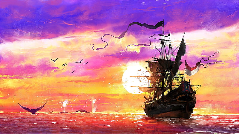 sailing ship, fantasy world, ocean, birds, sunset, sky, Fantasy, HD wallpaper