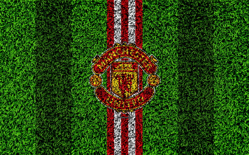 Manchester United FC football lawn, emblem, MU logo, English football club, green grass texture, Premier League, Manchester, England, United Kingdom, football, HD wallpaper