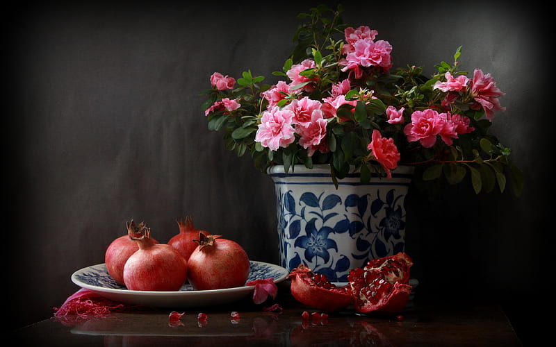 Fruits, Pomegranate, Azalea, Flower, Fruit, Still Life, HD wallpaper
