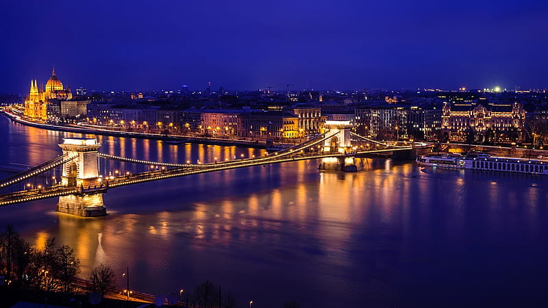 river, hungarian parliament, danube, bridge, city, budapest, night, danube river, HD wallpaper