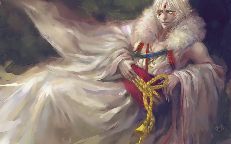 The prince, red, art, fantasy, yellow, man, prince, white, fur, HD wallpaper