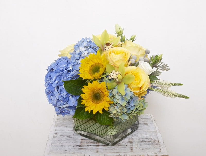 Summer fling, bouquet, summer, flowers, yellow, nature, white, fling, blue, HD wallpaper
