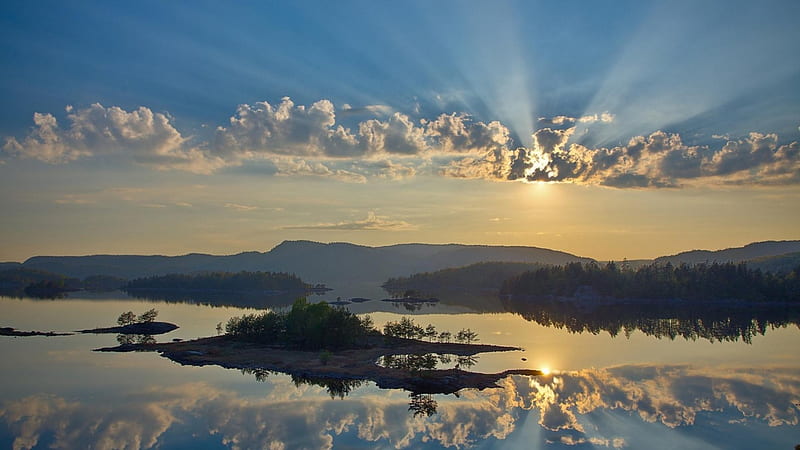 little islets on a mirror lake, islets, reflection, clouds, sun rays, lake, HD wallpaper