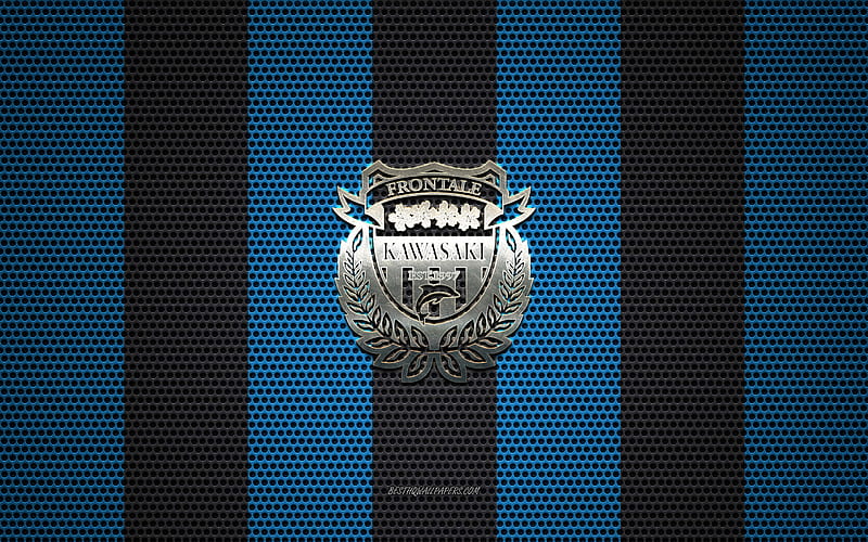 Kawasaki Frontale logo, Japanese football club, metal emblem, black and blue metal mesh background, Kawasaki Frontale, J1 League, Kawasaki, japan, football, Japan Professional Football League, HD wallpaper
