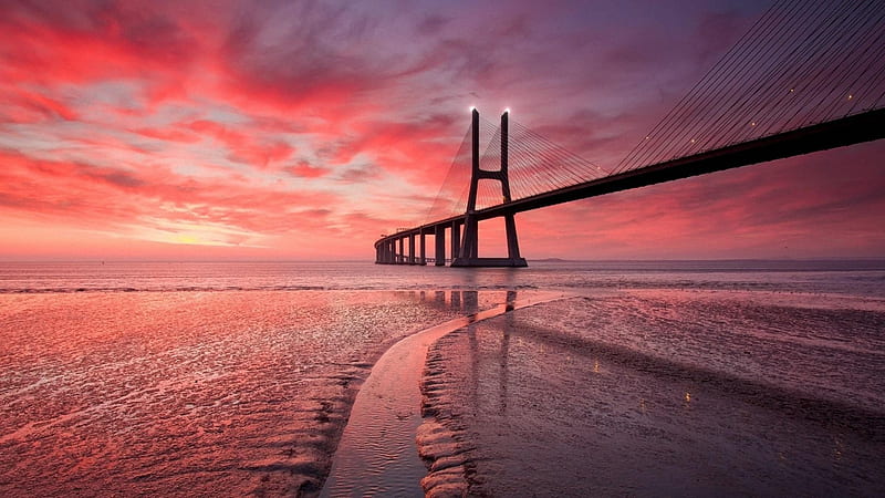 Glorious Pink Bridge Sunset, bridge, nature, sunset, clouds, sky, pink, sea, HD wallpaper