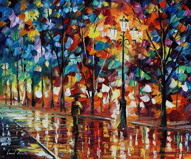 Leonid Afremov - The alone umbrella man, art, autumn, umbrella, man, park, lights, alone, painting, rain, leonid afremov, HD wallpaper