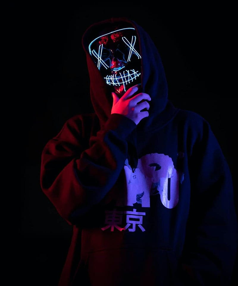 man, mask, neon, hood, dark, glow, HD phone wallpaper