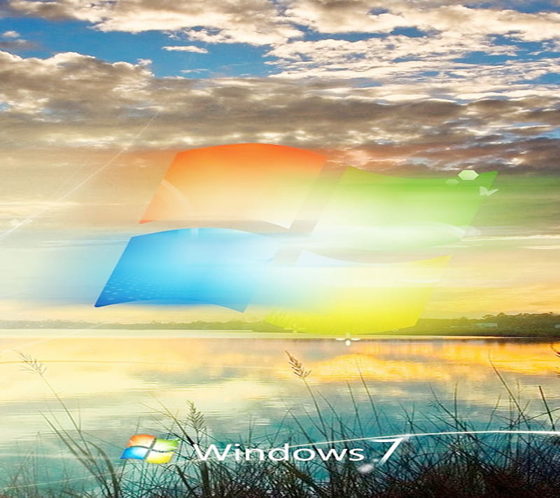 Windows 7, colour, logos, nature, sky, sun, symbol, water, HD wallpaper