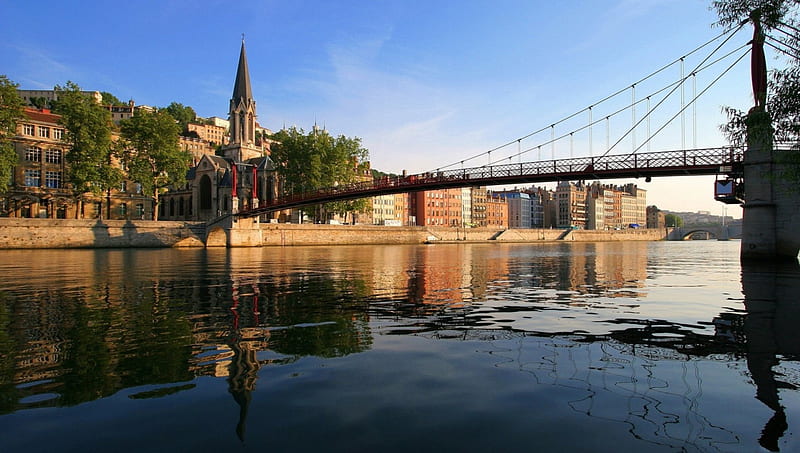 wonderful footbridge over a river, city, river, church, footbridge, HD wallpaper