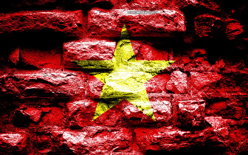Empire of Vietnam, grunge brick texture, Flag of Vietnam, flag on brick wall, Vietnam, flags of Asian countries, HD wallpaper