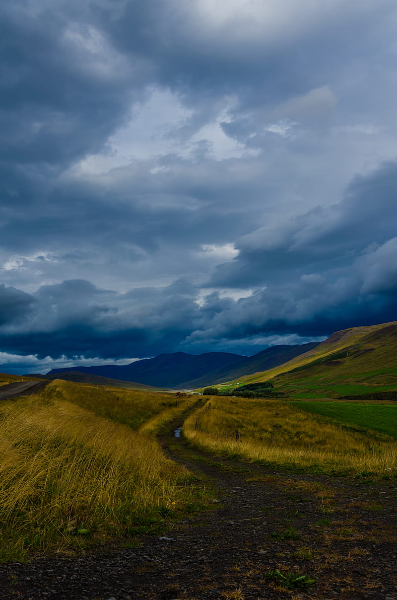 field, mountains, hills, clouds, landscape, HD phone wallpaper