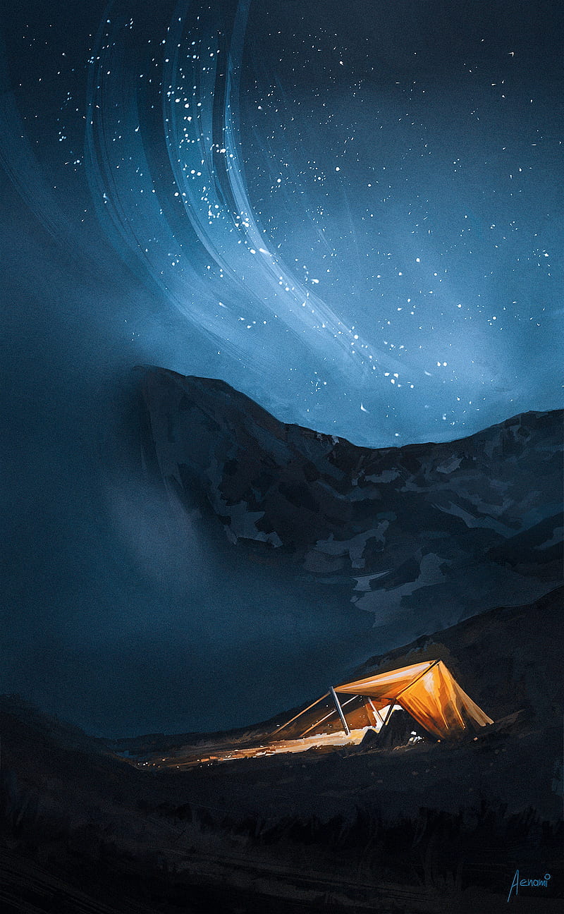 Aenami, artwork, night, camp, stars, night sky, tent, nature, cyan, HD phone wallpaper