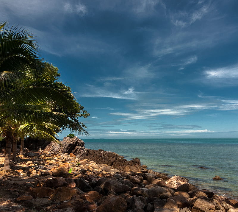 Samui Beach, gulf, island, ocean, palm, rock, sky, thailand, HD wallpaper