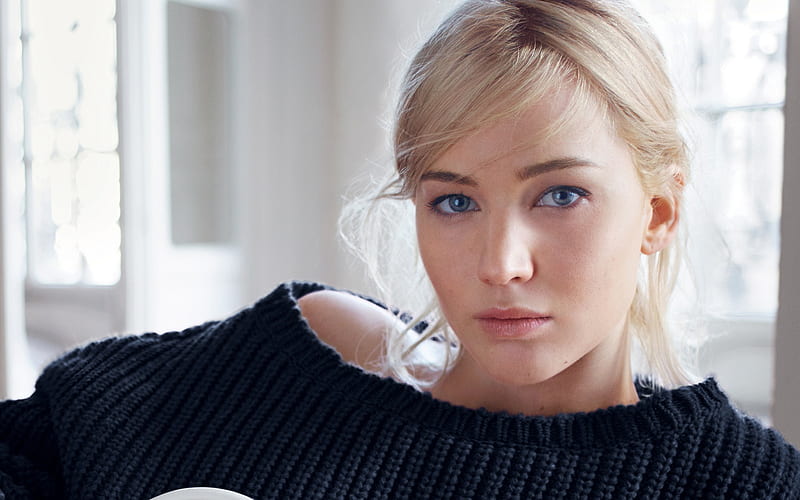Jennifer Lawrence, portrait, black sweater, blue eyes, hoot, american actress, HD wallpaper