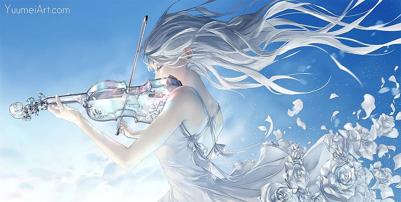 Violin singer, fantasy, glass, girl, violin, blue, white, yuumei art, wind, instrument, yuumei, wenqing yan, HD wallpaper