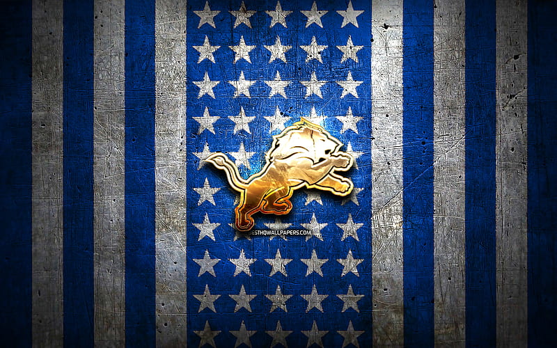 Detroit Lions flag, NFL, blue white metal background, american football team, Detroit Lions logo, USA, american football, golden logo, Detroit Lions, HD wallpaper