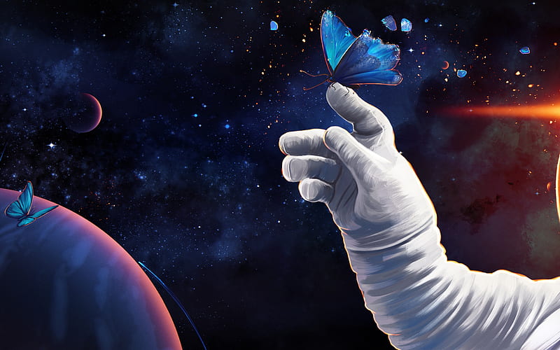 Butterfly, prywinko, cosmos, white, blue, art, cosmonaut, luminos, fantasy, purple, planet, hand, pink, HD wallpaper