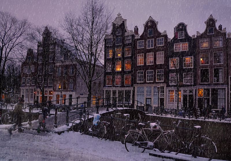 Cities, Winter, Snow, House, Evening, Bicycle, Snowfall, Amsterdam, HD wallpaper